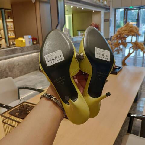 Balenciaga Cagole Heeled Mule Light Lime Green Silver Sandal (BS-87470)