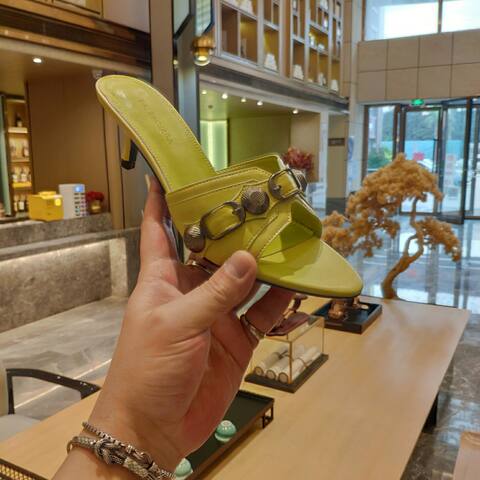 Balenciaga Cagole Heeled Mule Light Lime Green Silver Sandal (BS-87470)