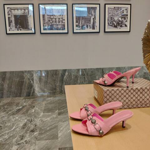 Balenciaga Cagole Heeled Mule Light Pink Silver Sandal (BS-87469)