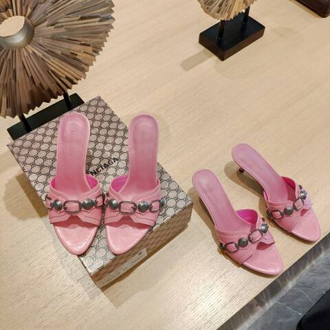 Balenciaga Cagole Heeled Mule Light Pink Silver Sandal (BS-87469)