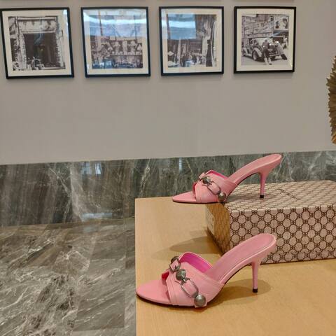 Balenciaga Cagole Heeled Mule Light Pink Silver Sandal (BS-87469)