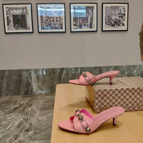 Balenciaga Cagole Heeled Mule Light Pink Silver Sandal (BS-87469)