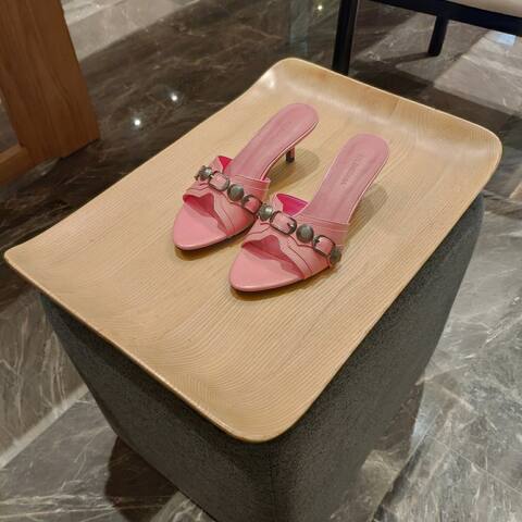 Balenciaga Cagole Heeled Mule Light Pink Silver Sandal (BS-87469)