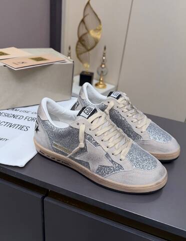 Golden Goose Ball Star Silver Off White Beige Black Skate Shoe (BS-87357)