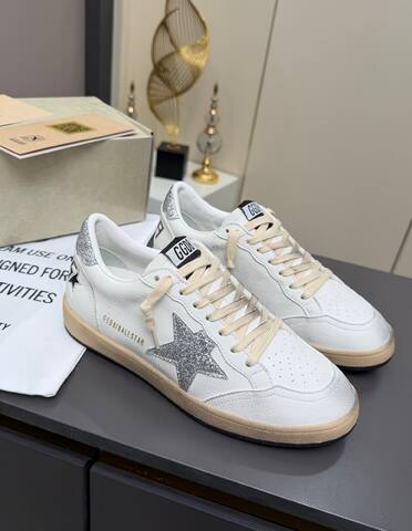 Golden Goose Ball Star White Silver Beige Black Skate Shoe (BS-87362)