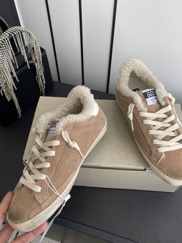 Golden Goose Super Star Shearling Lined Tan White Cream Off White Skate Shoe (BS-87482)