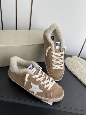 Golden Goose Super Star Shearling Lined Tan White Cream Off White Skate Shoe (BS-87482)