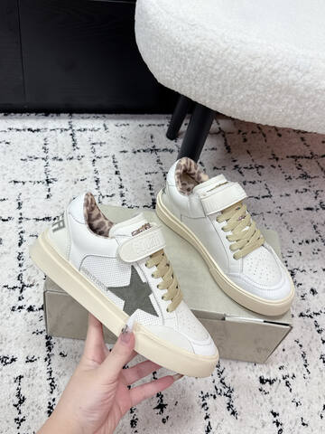 Golden Goose Court Strap White Cream Olive Beige Brown Skate Shoe (BS-87415)