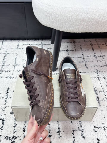 Golden Goose Super-Star Studded Dark Brown White Gold Skate Shoe (BS-87387)