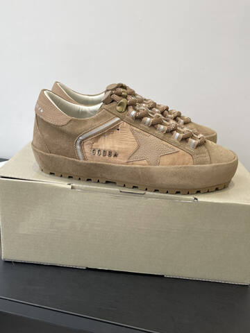 Golden Goose Super Star Tan Beige Silver Off White Skate Shoe (BS-87501)