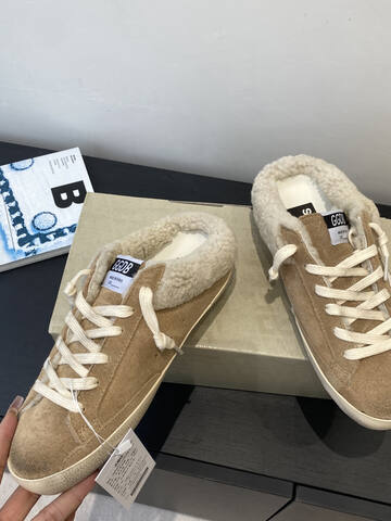Golden Goose Super Star Sabot Shearling Tan Cream White Sneaker (BS-87491)