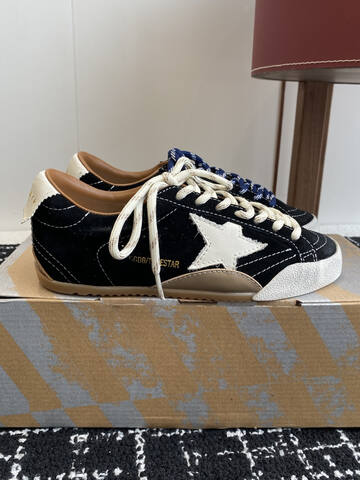 Golden Goose Super Star Black White Brown Blue Skate Shoe (BS-87414)