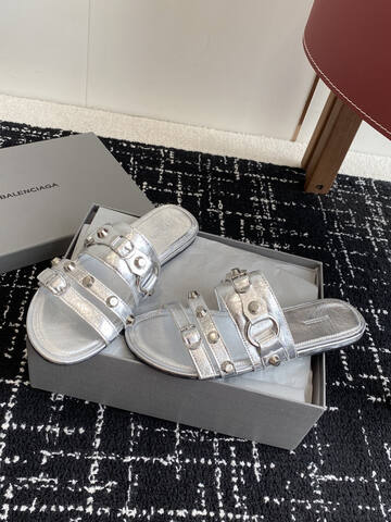 Balenciaga Cagole Studded Slide Sandal Metallic Silver Slides (BS-87420)