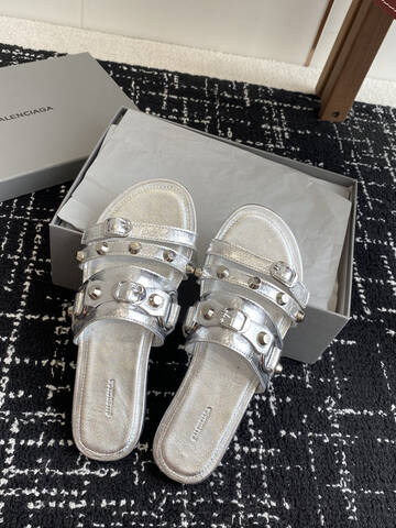 Balenciaga Cagole Studded Slide Sandal Metallic Silver Slides (BS-87420)
