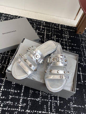 Balenciaga Cagole Studded Slide Sandal Metallic Silver Slides (BS-87420)
