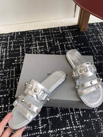 Balenciaga Cagole Studded Slide Sandal Metallic Silver Slides (BS-87420)