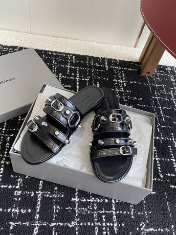 Balenciaga Cagole Studded Slide Sandal Black Silver Slides (BS-87419)