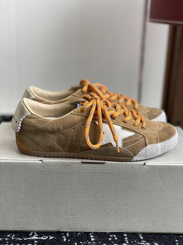 Golden Goose Super Star Tan White Orange Beige Skate Shoe (BS-87425)