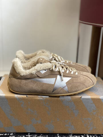 Golden Goose Marathon Shearling Lined Taupe Silver Cream Beige Sneaker (BS-87430)