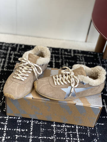 Golden Goose Marathon Shearling Lined Taupe Silver Cream Beige Sneaker (BS-87430)