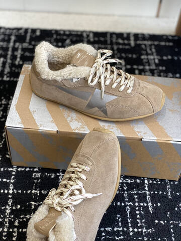 Golden Goose Marathon Shearling Lined Taupe Silver Cream Beige Sneaker (BS-87430)