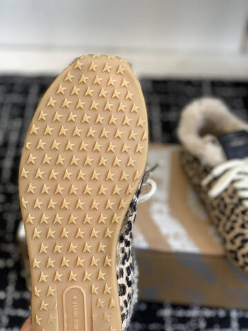 Golden Goose Running Marathon Shearling Lined Leopard Print Black Beige Cream Gum Sneaker (BS-87428)
