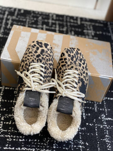 Golden Goose Running Marathon Shearling Lined Leopard Print Black Beige Cream Gum Sneaker (BS-87428)
