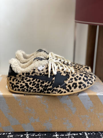 Golden Goose Running Marathon Shearling Lined Leopard Print Black Beige Cream Gum Sneaker (BS-87428)