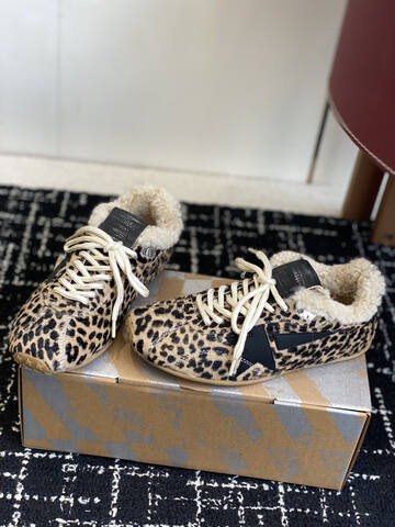 Golden Goose Running Marathon Shearling Lined Leopard Print Black Beige Cream Gum Sneaker (BS-87428)