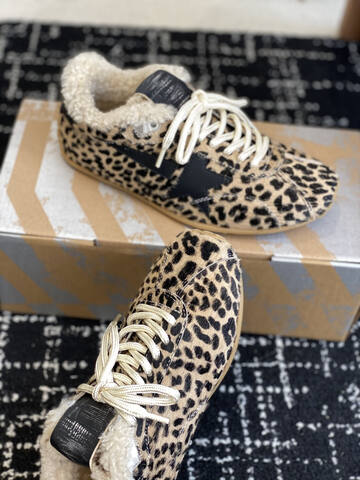 Golden Goose Running Marathon Shearling Lined Leopard Print Black Beige Cream Gum Sneaker (BS-87428)