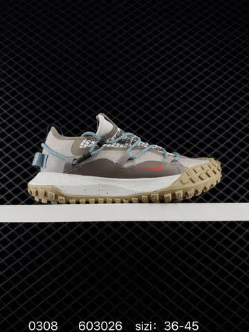 Nike ACG Mountain Fly Low GTX SE beige/gray with tan outsole and red swoosh 36-45 trail